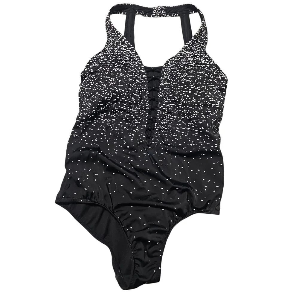 Swim Solutions Beaded Front Tummy Control‎ One Piece Swimsuit black and white 14 - Picture 4 of 7